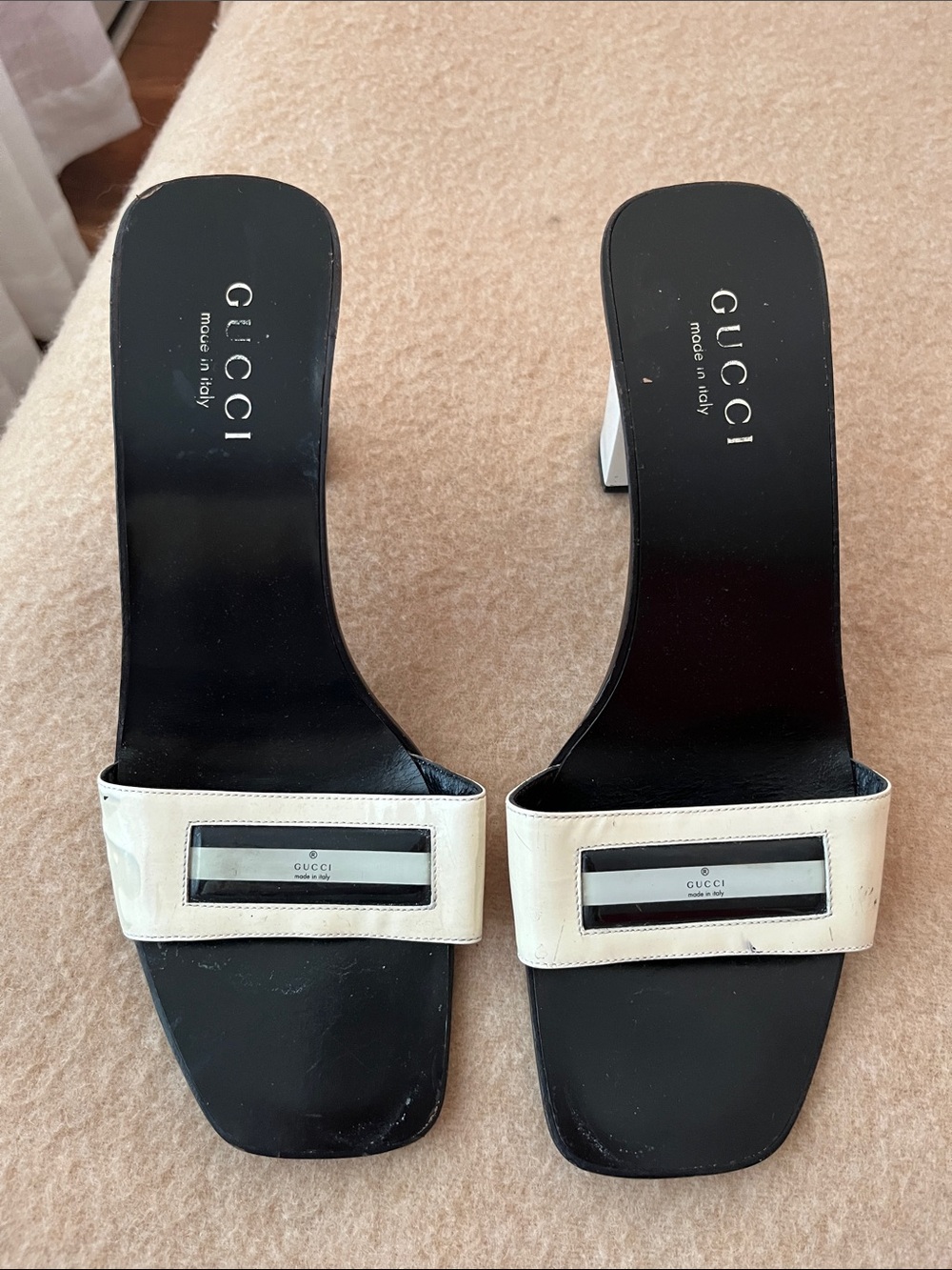 Gucci Black Footbed White Strap Slide Mules